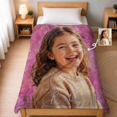 Anpassad filt med namn och foto i oljemålning, flanell-/sherpafilt till soffan, födelsedags-/inflyttningspresent för par/familj/vänner/djurälskare