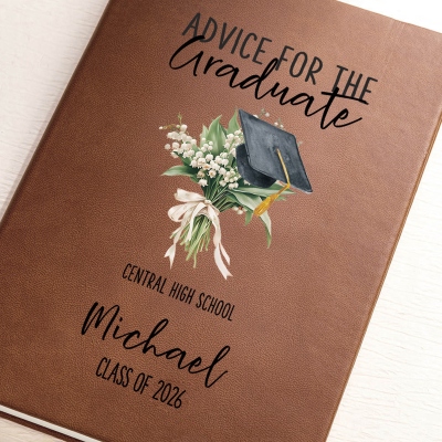 Personalized Graduation Cap Birth Flower Notebook with Name, A5 PU Leather Floral Journal, Birthday/Graduation Gift for Her/Daughter/Family/Friends