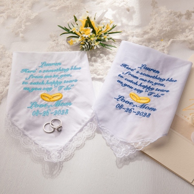 Mouchoir personnalisé en dentelle de mariage brodé en coton avec nom et date, quelque chose de bleu, cadeau de mariage de maman à fille