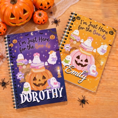 Personalized Cartoon Reading Boo-ks Ghost Pumpkin Notebook with Name, Softcover A5 Spiral Journal, Halloween Gift for Kids/Students/Book Lovers