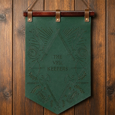 Custom Text Leather DND Party Pennant Wall Hanging Decor, Vintage Hand Engraved TTRPG Adventurer Group Banner, RPG Game Room Decor Flag Keepsake Gift