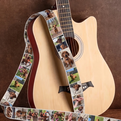 Sangle de guitare personnalisée (1 à 24 photos), toile résistante avec boucle réglable, accessoire de guitare, cadeau d'anniversaire ou de commémoration pour les passionnés de guitare et leurs amis.