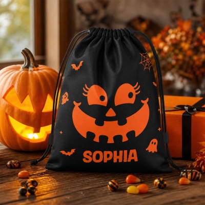Personalized Spooky Bat Pumpkin Face Drawstring Bag with Name, Large Capacity Trick or Treat Backpack, Halloween Party Favor, Halloween Gift for Kids