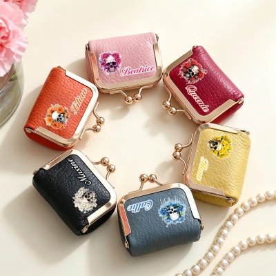 Personalized Name Birth Flower Skull Kiss Lock Leather Mini Jewelry Box, Vintage-inspired Travel Coin Purse, Birthday/Halloween Gift for Women