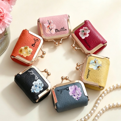 Personalized Name Watercolor Birth Flower Kiss Lock Leather Mini Jewelry Box, Vintage Travel Coin Purse, Birthday/Wedding Gift for Women/Bridesmaids
