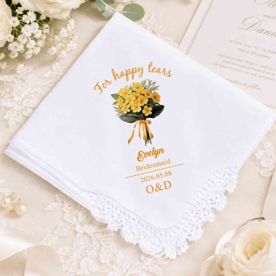 Personalized Wedding Birth Flower Bouquet Lace Edge Handkerchief with Name and Date, Bridal Shower Favor, Wedding Gift for Bridesmaids/Besties