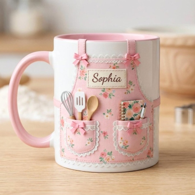 Tasse tablier de cuisine florale 3D personnalisée avec nom, tasse à café/chocolat chaud en céramique avec accessoires réalistes, cadeau pour la fête des mères, maman pâtissière