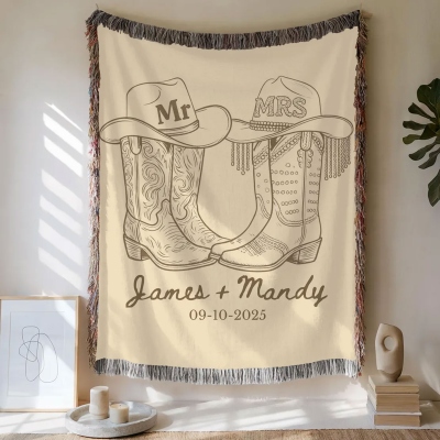 Couverture de mariage personnalisée sur le thème western avec pompons, motif bottes de cowboy « Monsieur et Madame », jeté de lit/canapé, cadeau d'anniversaire/mariage pour les mariées/jeunes mariés