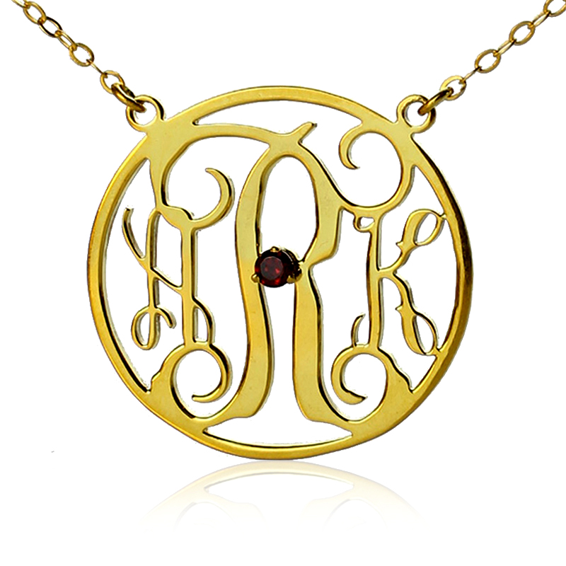 18k Gold Plated Circle Initial Monogram Necklace with Birthstone