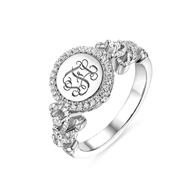 Engraved Sterling Silver Crown Monogram Ring