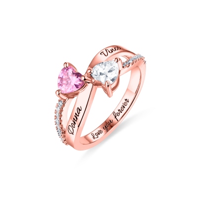 Engraved Two Heart Shaped CZ Ring In Rose Gold