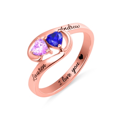 Engraved Two Heart Birthstones Promise Ring In Rose Gold