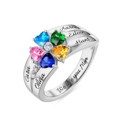 Engraved 5 Heart-Shaped Birthstones Ring In Sliver