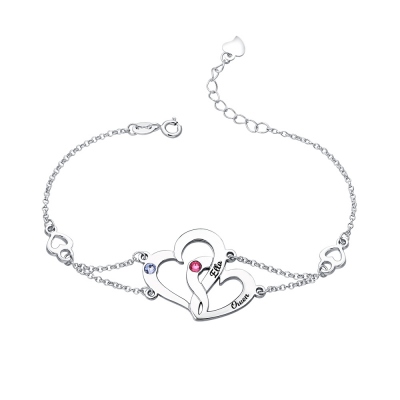 Engraved Interlocking Heart Birthstones Bracelet