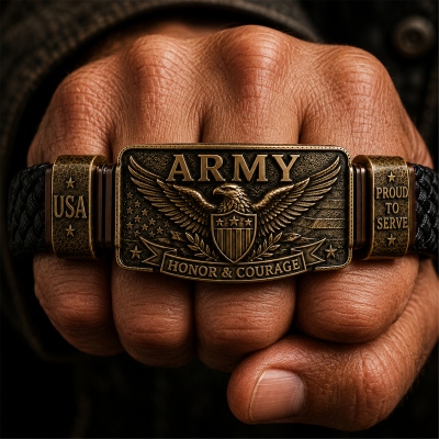 Personalized Engraved Men's Military Woven Leather Bracelets, Army, Navy, Marine Corps & Air Force Themed Jewelry, Keepsake Gift for Veterans
