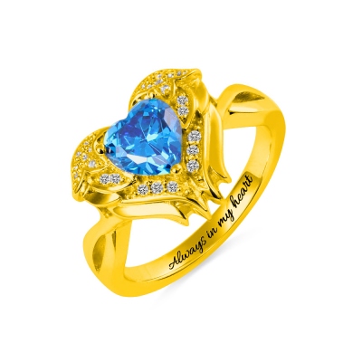 Engraved Angel Wings Ring with Birthstone in Gold for Her
