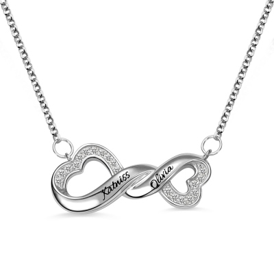 Engraved Infinity Double Heart Name Necklace for Her in Silver