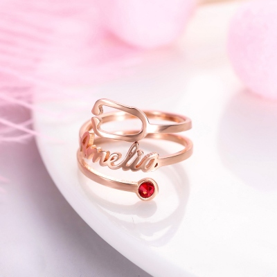 Personligt namn &amp; Birthstone stetoskopring i rosaguld