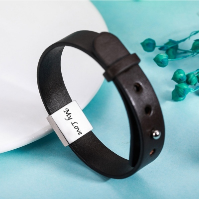 Personalized Men's Leather Bracelet with Couple's Fingerprint