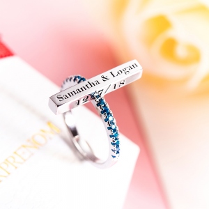 Engraved Bar Ring with Birthstone in Silver