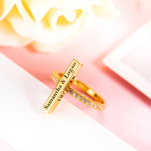 Engraved Bar Ring with Birthstone in Gold