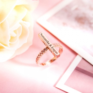Engraved Bar Ring with Birthstone in Rose Gold