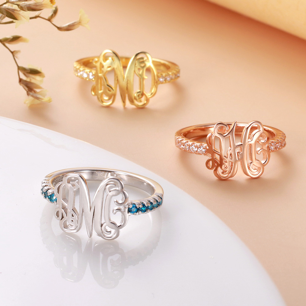 Personalized Monogram Ring with Birthstone in Gold