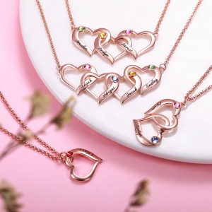 Personalized Intertwined Hearts Necklace with Birthstone in Gold