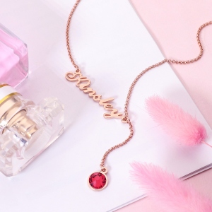 Personalized Simple Name & Birthstone Y Necklace in Rose Gold