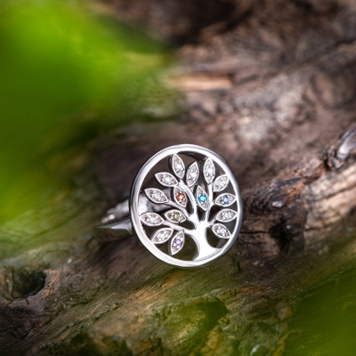 Personalized Family Tree Birthstone Ring in Silver