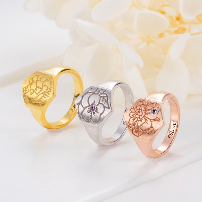 Personalized Birth Flower Signet Ring