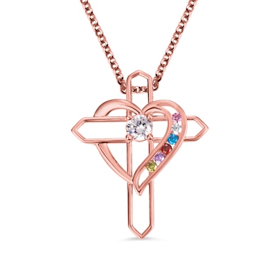 Personalized Heart & Cross Birthstone Necklace