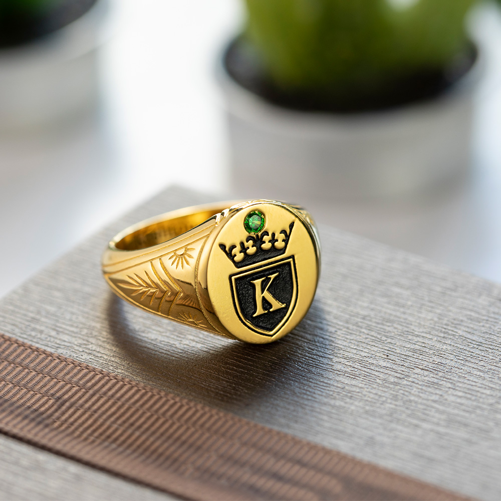 Personalized Initial Engraved Signet Ring with a Crown for Man