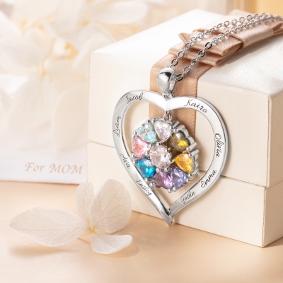Personalized Heart Birthstone Necklace with Engraving in Silver