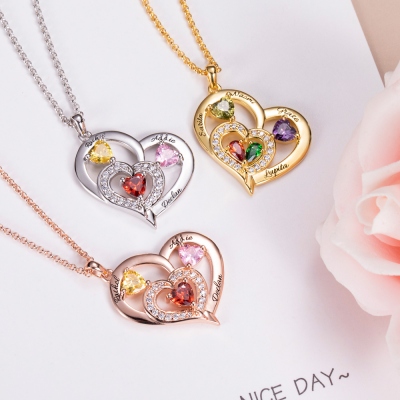 Heart-shaped Birthstone Family Necklace with Customized 1-10 Names