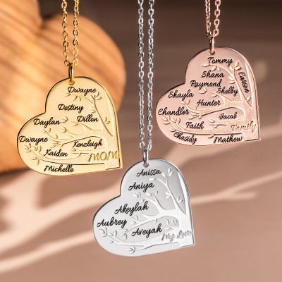 Collier arbre généalogique personnalisé 1-12 noms coeur
