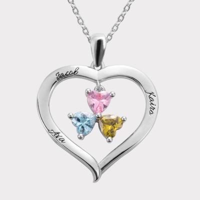 Personalized 3 Heart Birthstones Necklace with Engraving in Silver