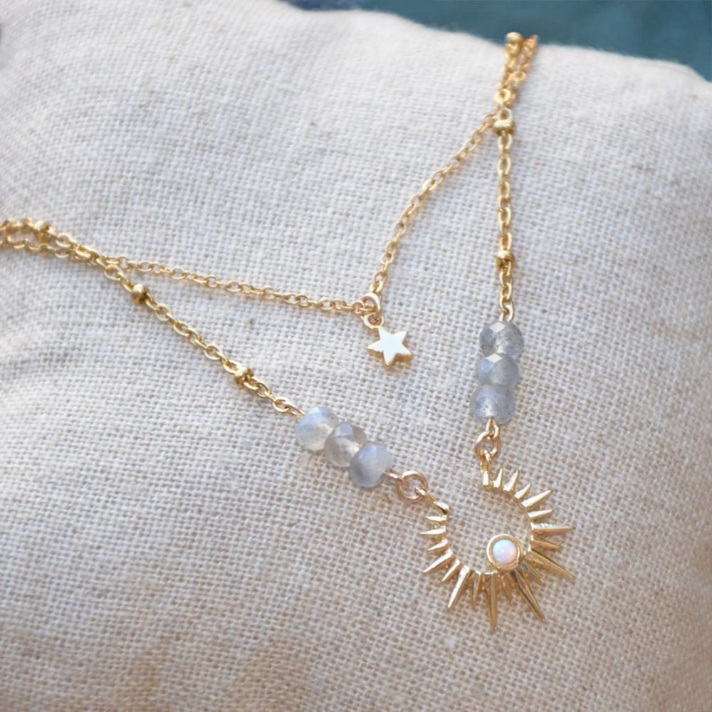 Multi-layered Necklace, Boho Star Neck Chain Choker Pendant Necklace, Atelier Opal Labradorite Inox Brass, Fashion Jewelry for Women and Girls
