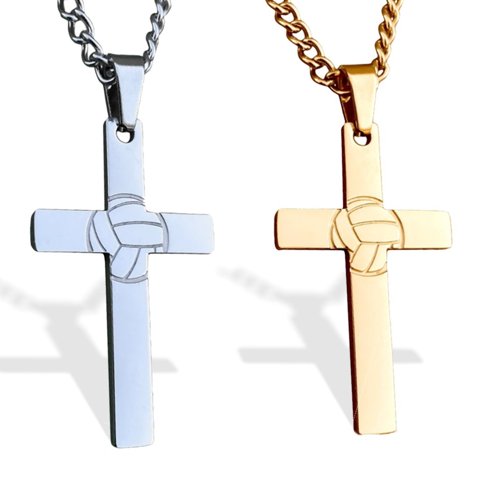 Collier de croix de sport avec collier de pendentifs de football de volley-ball de baseball gravé, cadeau de bijoux pour les athlètes / entraîneur / coéquipier