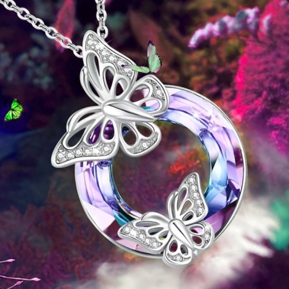 Collier papillon en cristal, deux papillons sur une chaîne de cou pendentif cercle creux, bijoux fantaisie cadeaux pour elle/maman/femme/fille