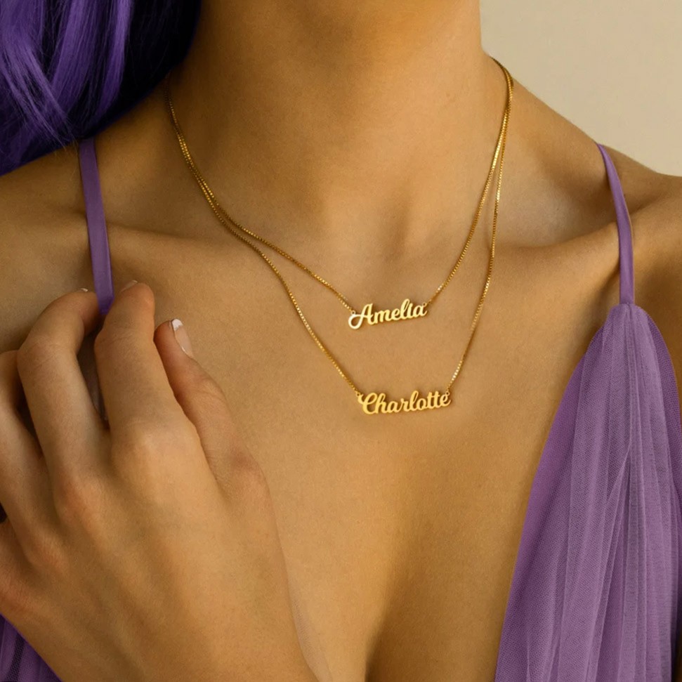 Colar de nome personalizado colar de corrente dupla com nome, colar em camadas minimalista conjunto de 2, presente de joias com nome de caligrafia para ela