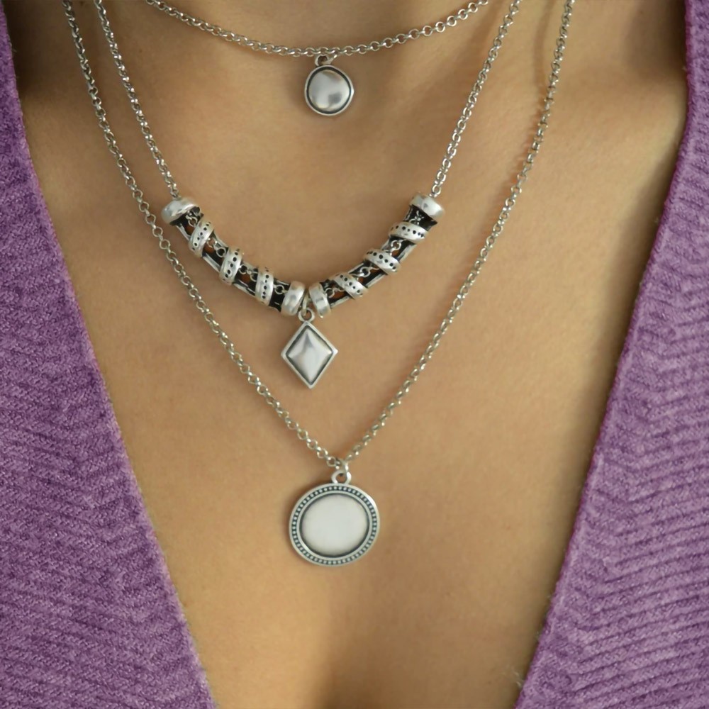 Boho Bohemian Layered Necklace, Dainty Stacking Choker Necklaces with Round Coin Charms, Neck Jewelry Accessories for Women/Girls/Hippies - Set of 3