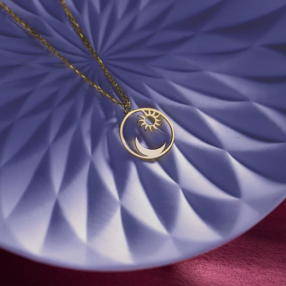 Sun and Moon Necklace Sunburst Necklace Crescent Moon Necklace, Sterling Silver Gold Sun Pendant Necklace with Golden Sun Charm