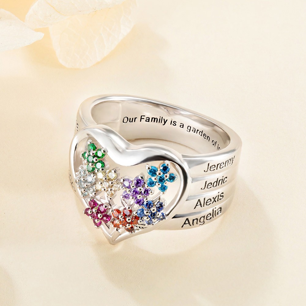 Custom 1-8 Birthstone Flower Ring with Engraving, Our Family Is A Garden Of Love Heart Ring, Flower Design Garden Family Ring for Grandmother/Mother