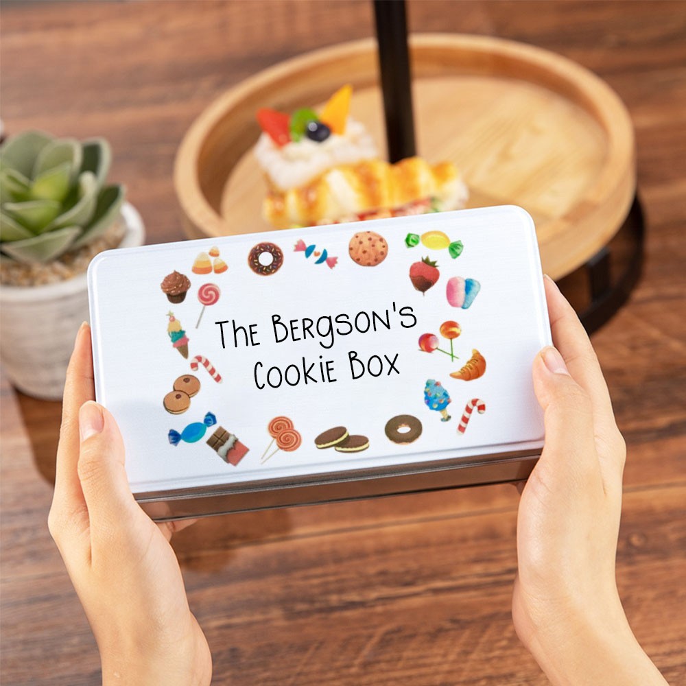 Personalized Biscuits Tin with Cute Candy Dessert Pattern, Cookie Jar Sweet Box Storage Tin Gifts for Grandad/Grandma/Nana/Mum/Dad