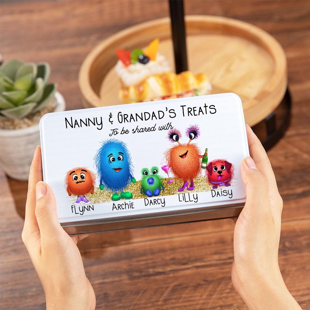 Personalized Biscuit Tin, Cute Cookie Jar with 1-8 Monsters, Cookie/Treat Storage Tin for Kitchen Counter, Decorative Snack Storage Tin