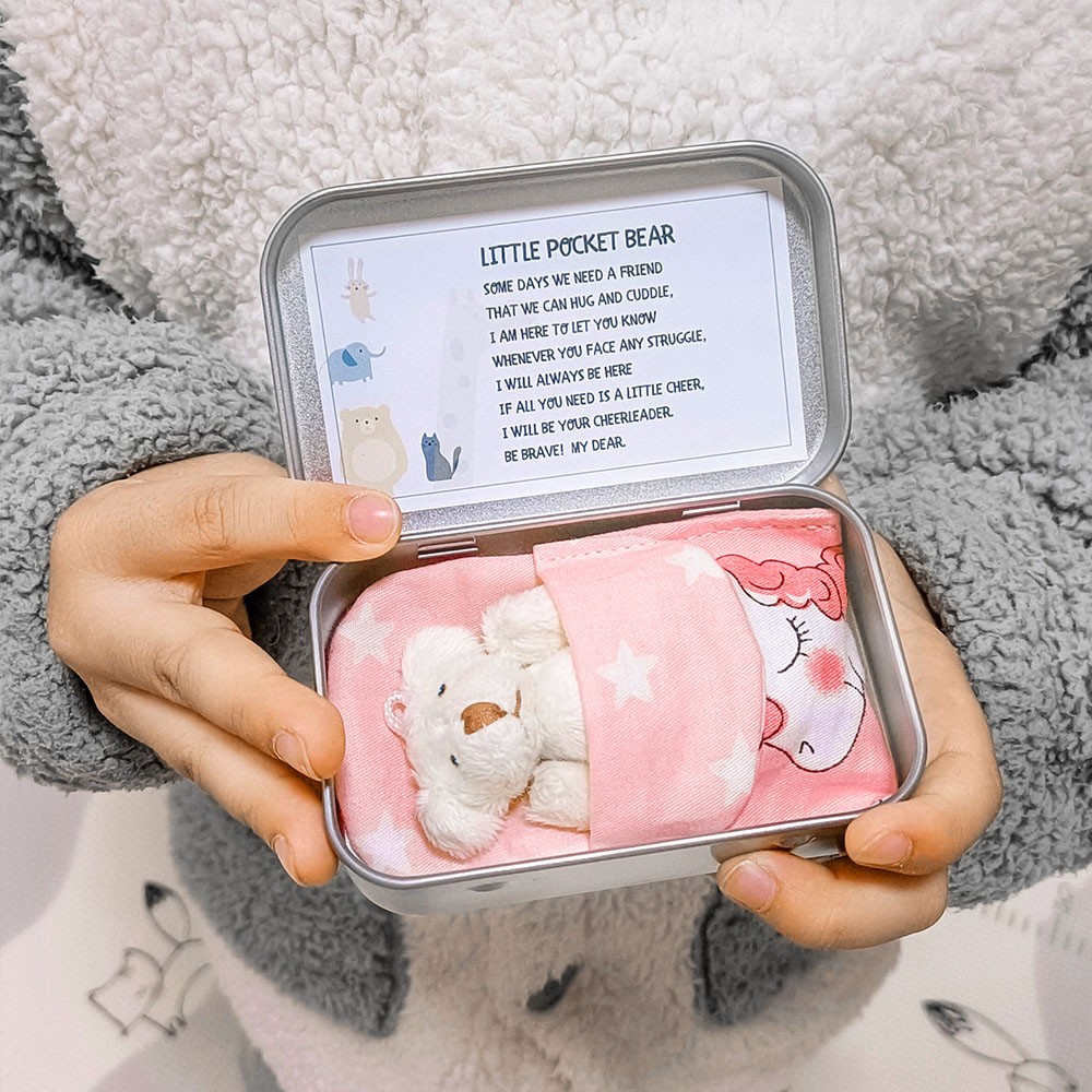 A Little Pocket Bear, Custom Stuffed Bear in a Tin, Pink Unicorn/Blue Dinosaur Quilt, Worry Doll Cute Fun Bear Pocket Hug Gift