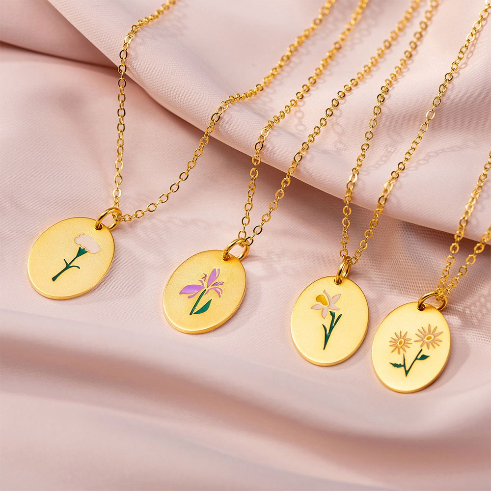 Colar de flores de nascimento de esmalte personalizado com nome, pingente de charme gravado em ouro, presente de aniversário/dia das mães para esposa/mãe/namorada/filha