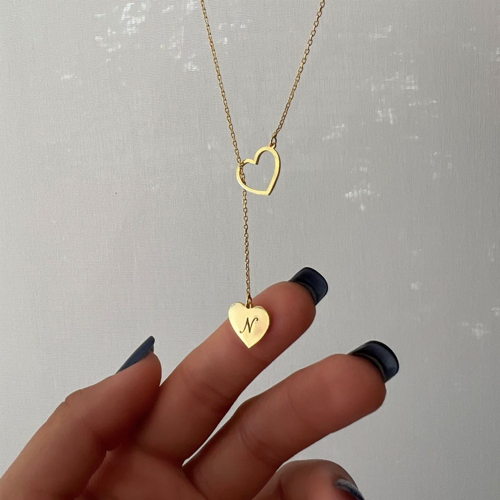 Initial Heart Lariat Necklace, Personalized Y Initial Heart, Initial Name, Customize Heart, Lariat Initial Drop Chain, Couple Name Hearts