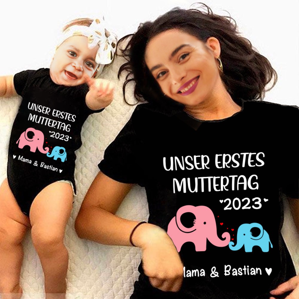 Unser erstes Set für Mutter und Baby zum Muttertag, individuell gestalteter Tier-/Muster-Babysuit und Mama-T-Shirt, personalisiertes T-Shirt und Babyromper, Geschenk für neue Mütter